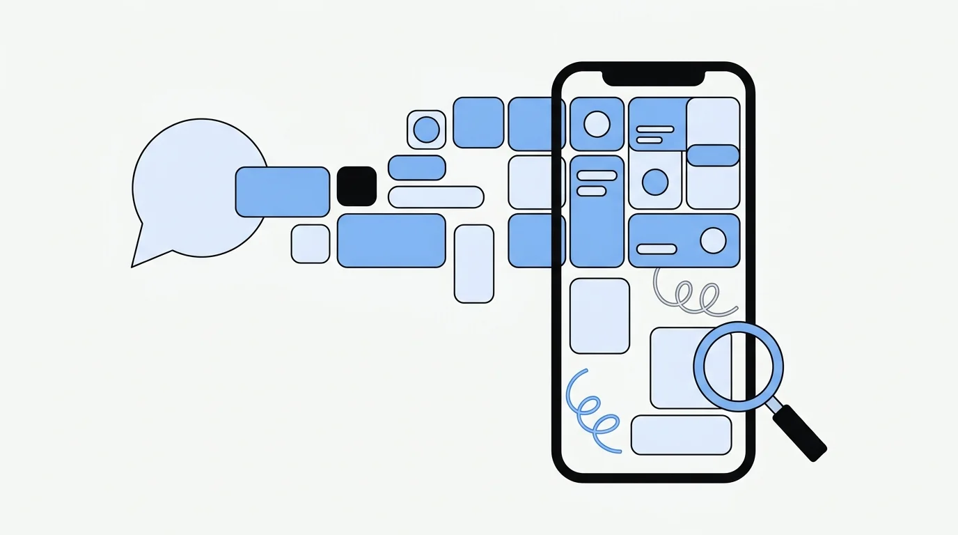 Een smartphone die wordt opgebouwd uit blokken die vanuit een spraakwolk naar binnen zweven; de bovenkant is af, onderin liggen fundering en losse draden onder een vergrootglas