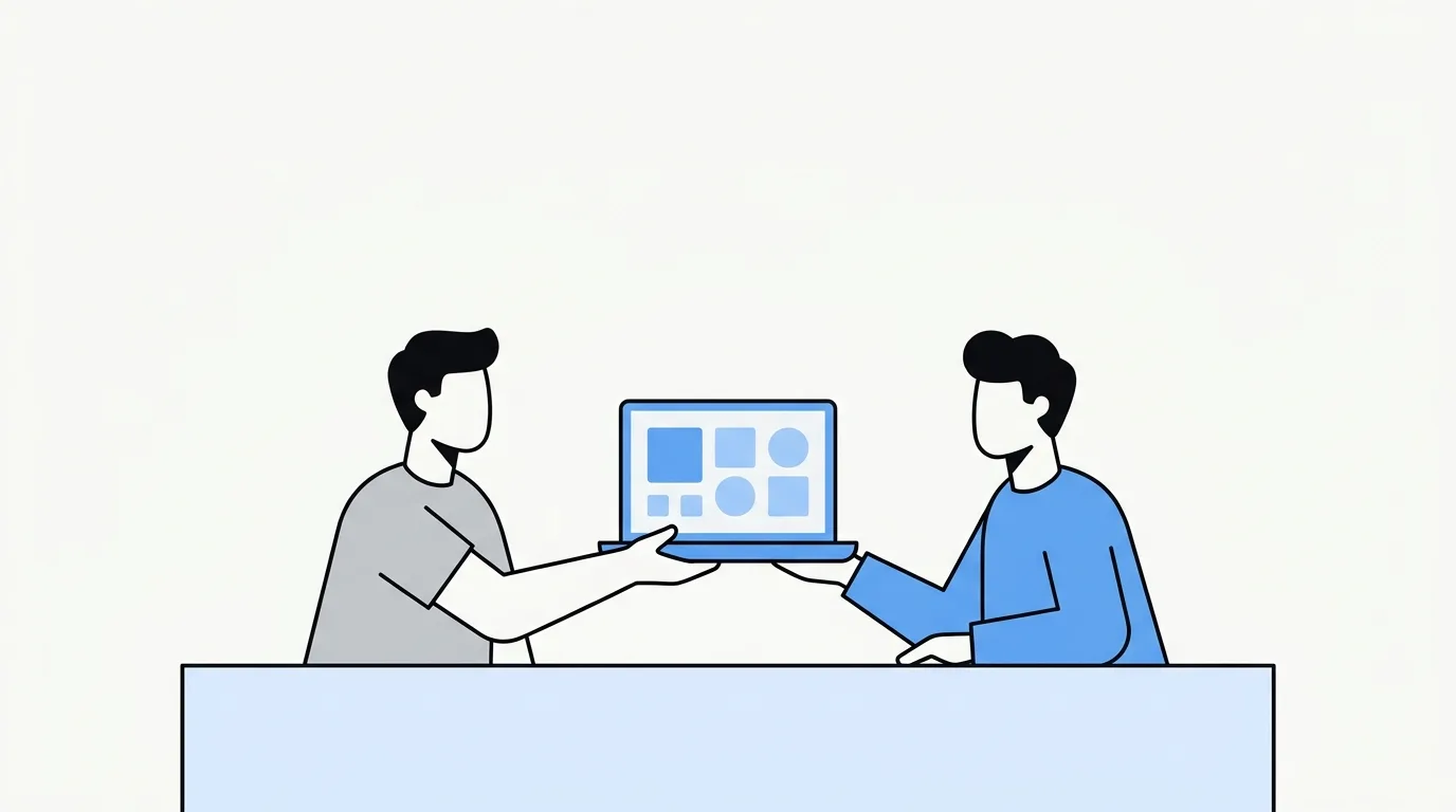 Een oprichter overhandigt een laptop met een app aan de developer die 'm overneemt