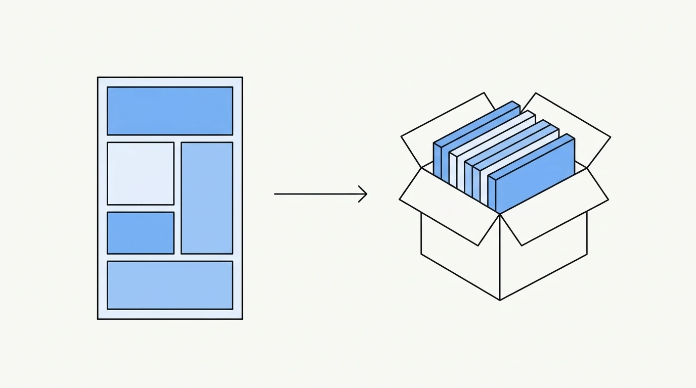 Een abstract app-scherm dat uit losse blokken is opgebouwd, met ernaast een open doos waarin dezelfde blokken als broncode klaarliggen om te worden overgedragen