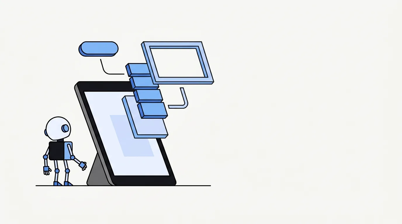 Een kleine robot kijkt omhoog naar een tablet waarop platte interfaceblokken loskomen van het scherm en zichzelf samenvoegen tot een eenvoudige app